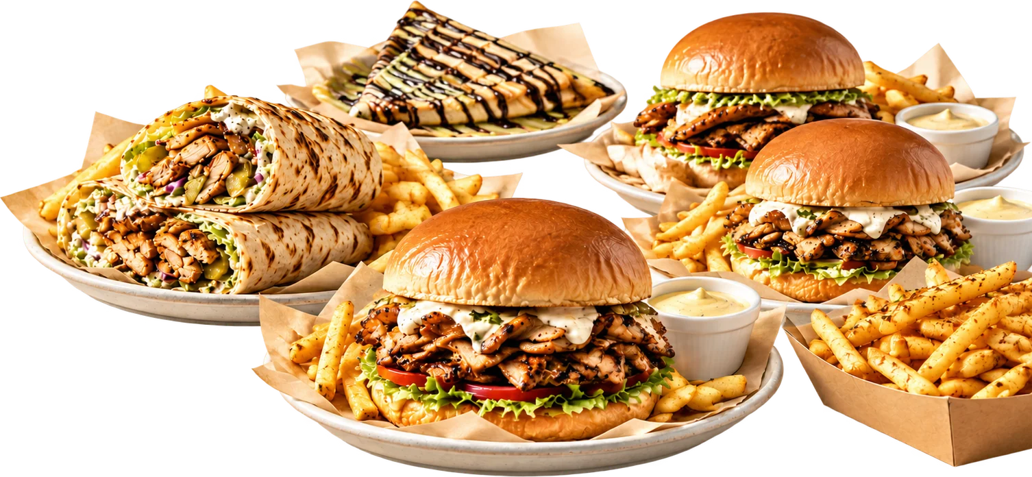 A spread of shawarma burgers, wraps, crepes and fries